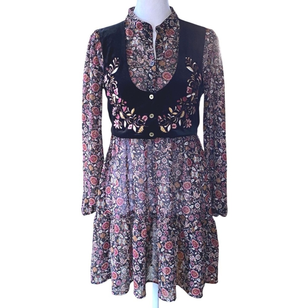 Y2K Floral Tiered Embroidered Velvet Vest Overlay Black Mini Dress 16 Boho Lagen